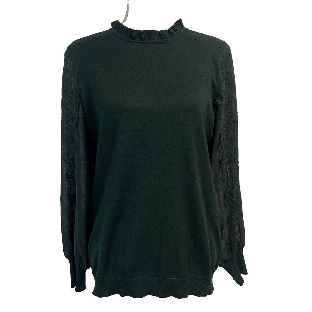 Adrianna Papell Pullover Sweater Top sz Medium Hunter Green Lace Dressy Stretch